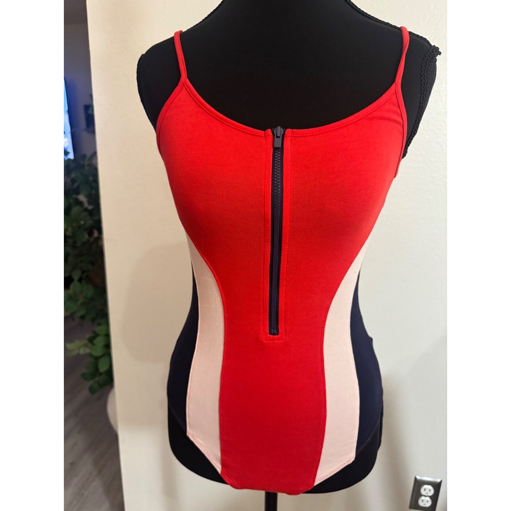 Express One Eleven Womens Small Red Colorblock Zip Front Thong Bodysuit